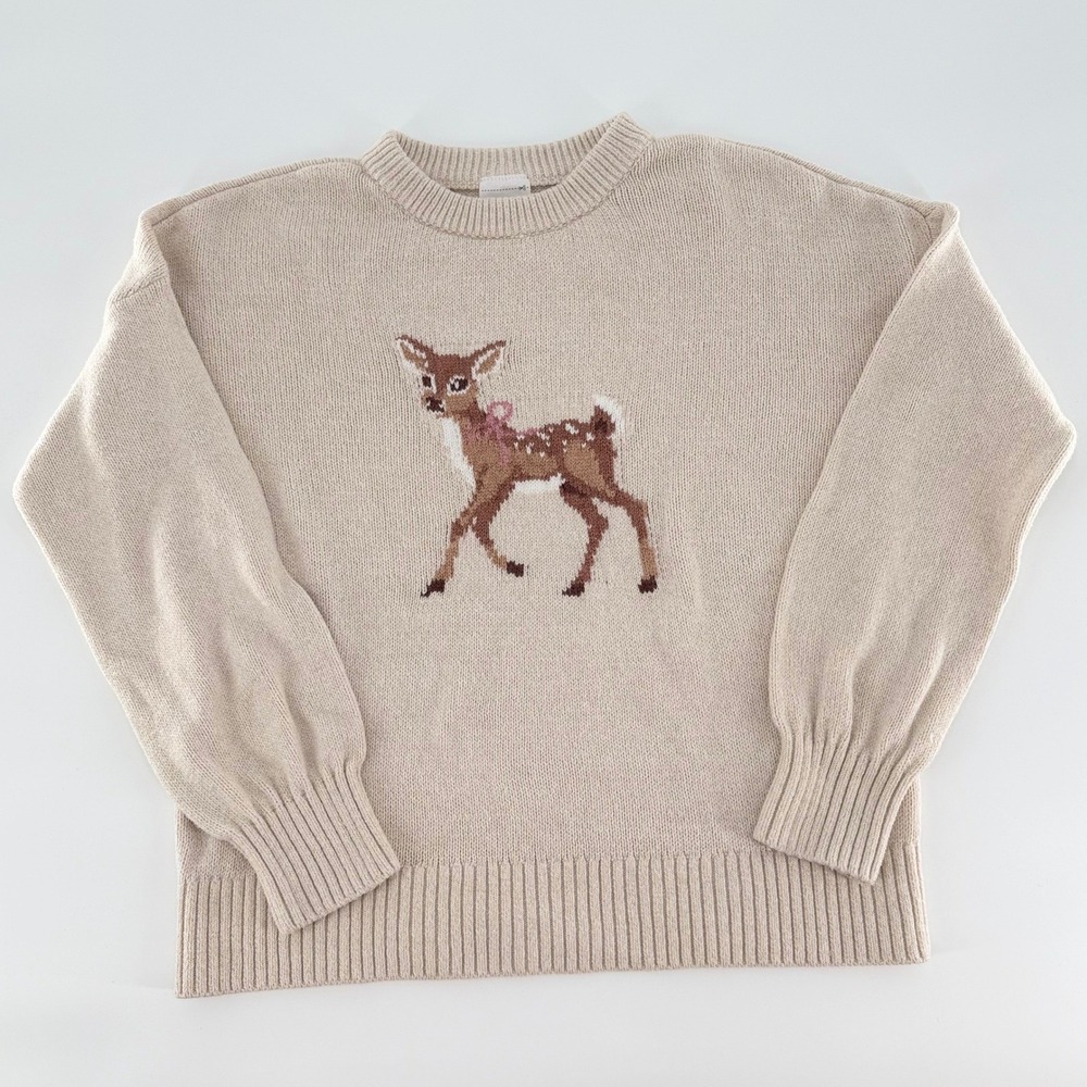 ABERCROMBIE KIDS Deer Intarsia Knit Beige Crewneck Sweater Girls Size 9/10